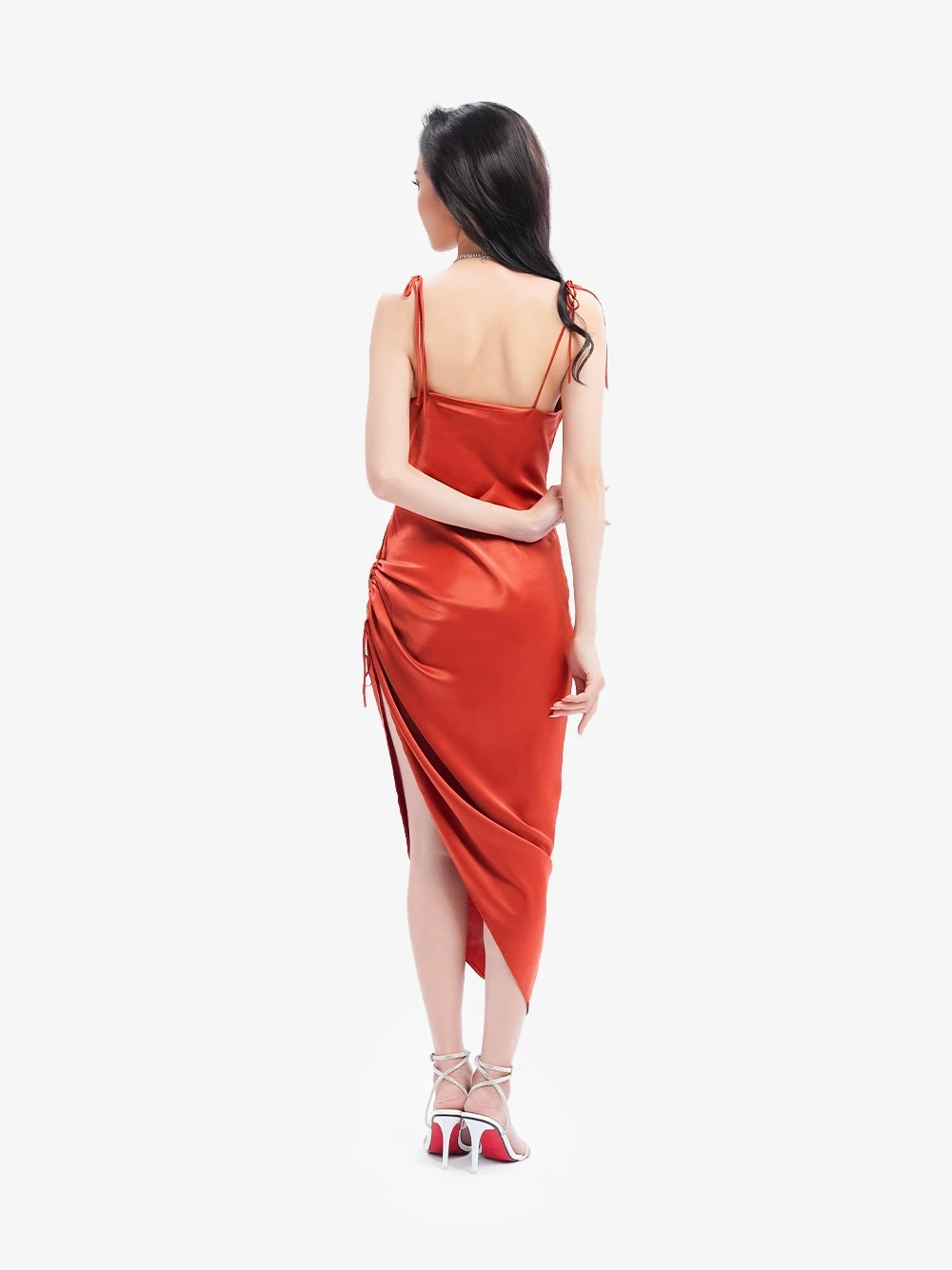 Đầm lụa hai dây cổ đổ, tà xéo rút dây Angelica Dress – Lụa Là, màu cam – ảnh 3