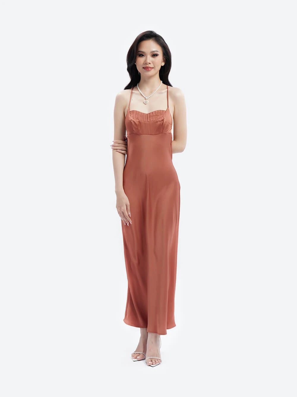 Đầm hai dây xếp li ngực Bellona Dress – Lụa Là, màu cam – ảnh 5