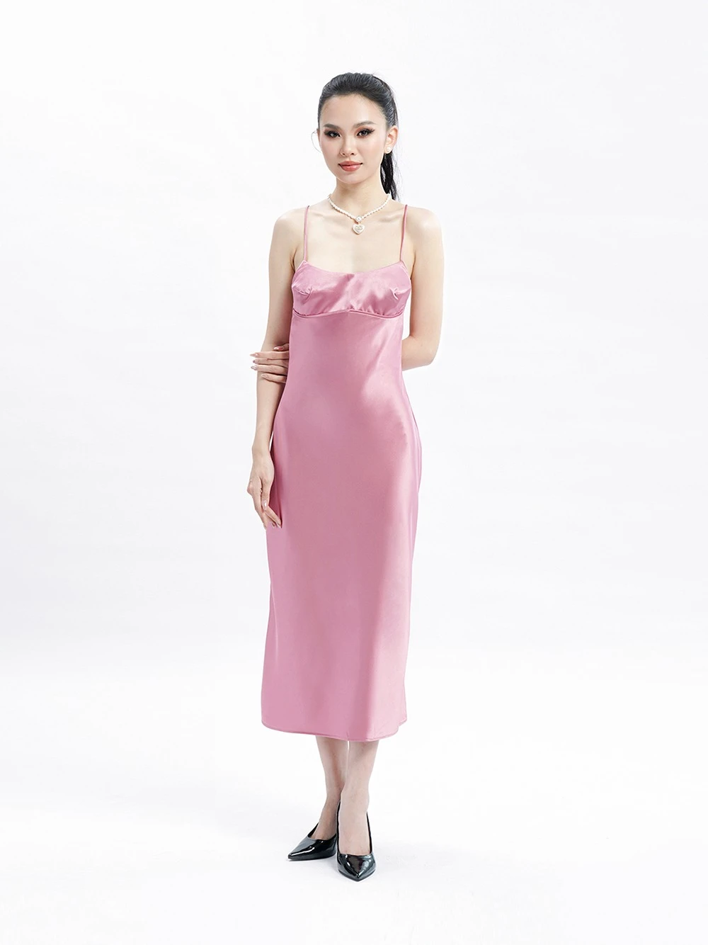 Đầm phi lụa hai dây cổ đổ dáng midi Dahlia Dress – Lụa Là, màu hồng