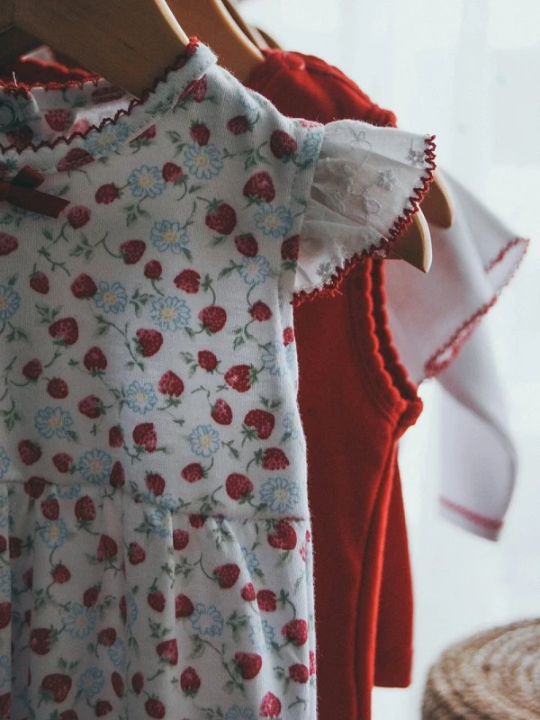 Đầm cotton tay bèo in dâu tây và hoa nhí, viền cổ và tay chỉ đỏ Đầm họa tiết dâu tây bé gái – STREETICON