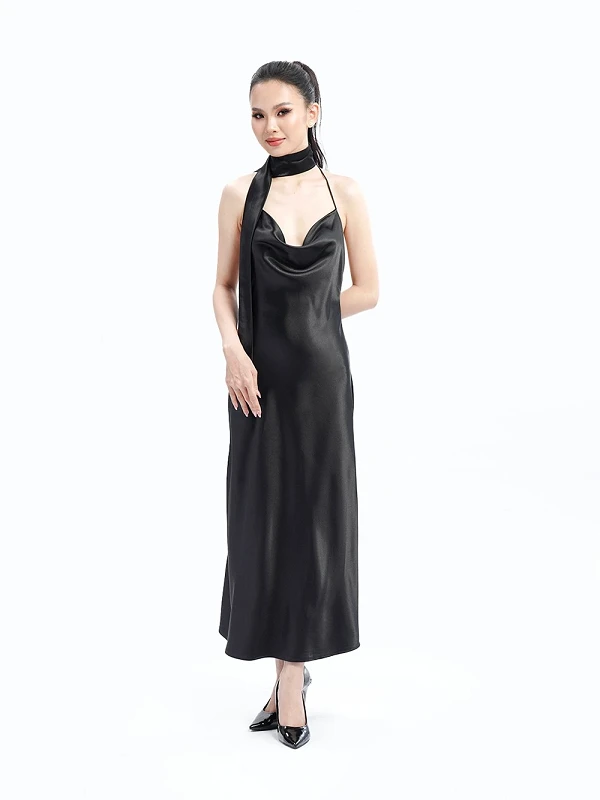 Đầm dạ hội phi lụa cổ đổ, thắt nơ eo, dáng đuôi cá Felicia Dress – Lụa Là