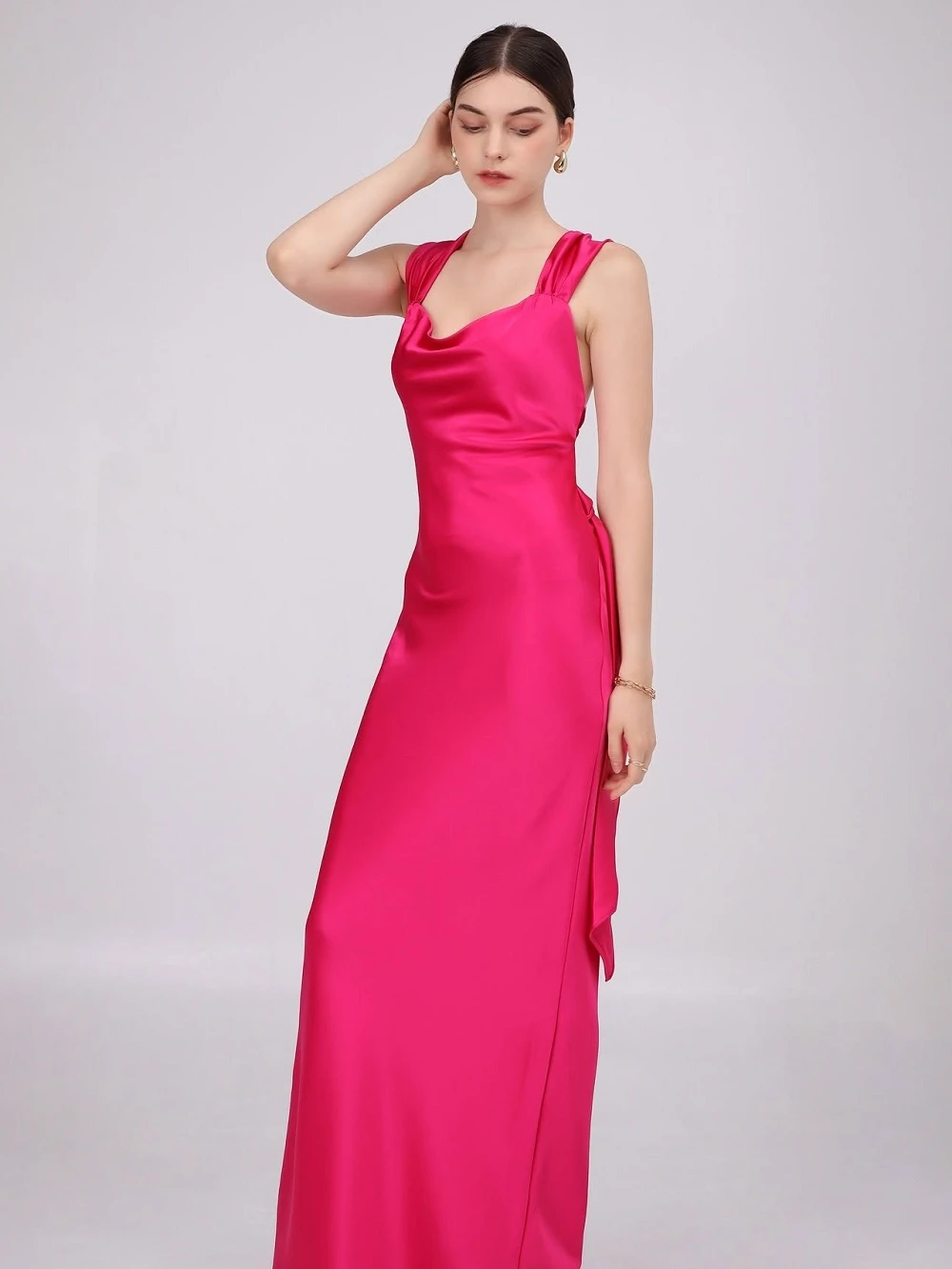 Đầm lụa cổ vuông bản dây to, dáng dài Fiona Dress – Lụa Là, màu hồng sen – ảnh 3