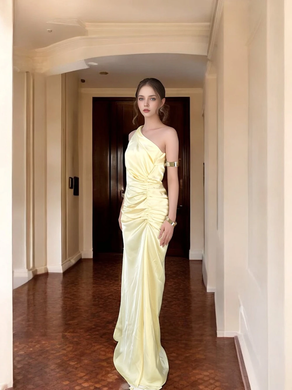 Đầm lụa lệch vai nhún eo, xẻ tà Iris Dress – Lụa Là, màu vàng – ảnh 2