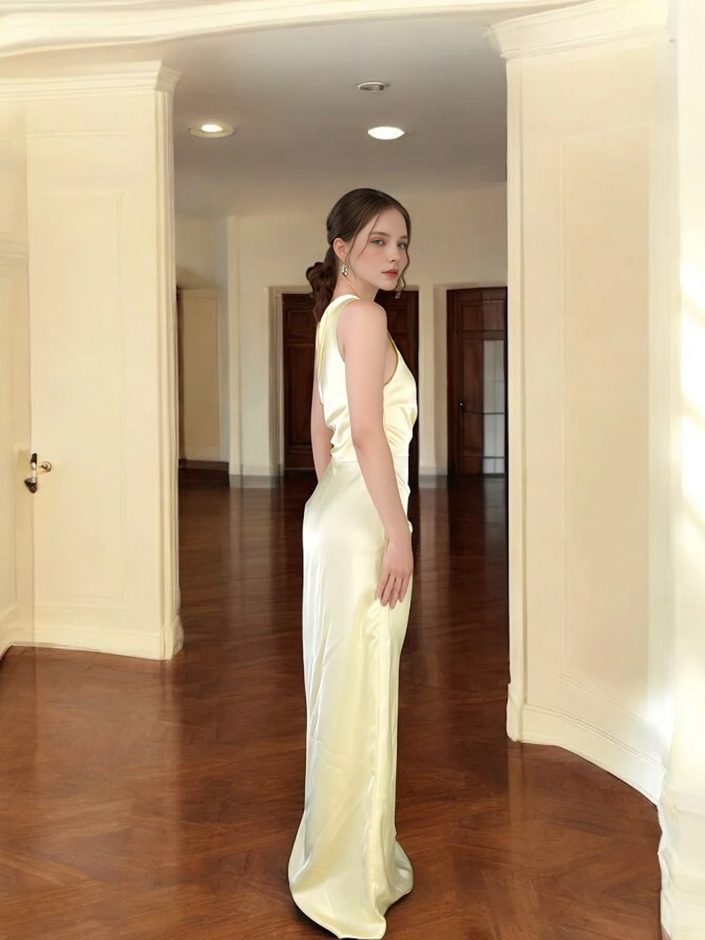 Đầm lụa lệch vai nhún eo, xẻ tà Iris Dress – Lụa Là, màu vàng – ảnh 3