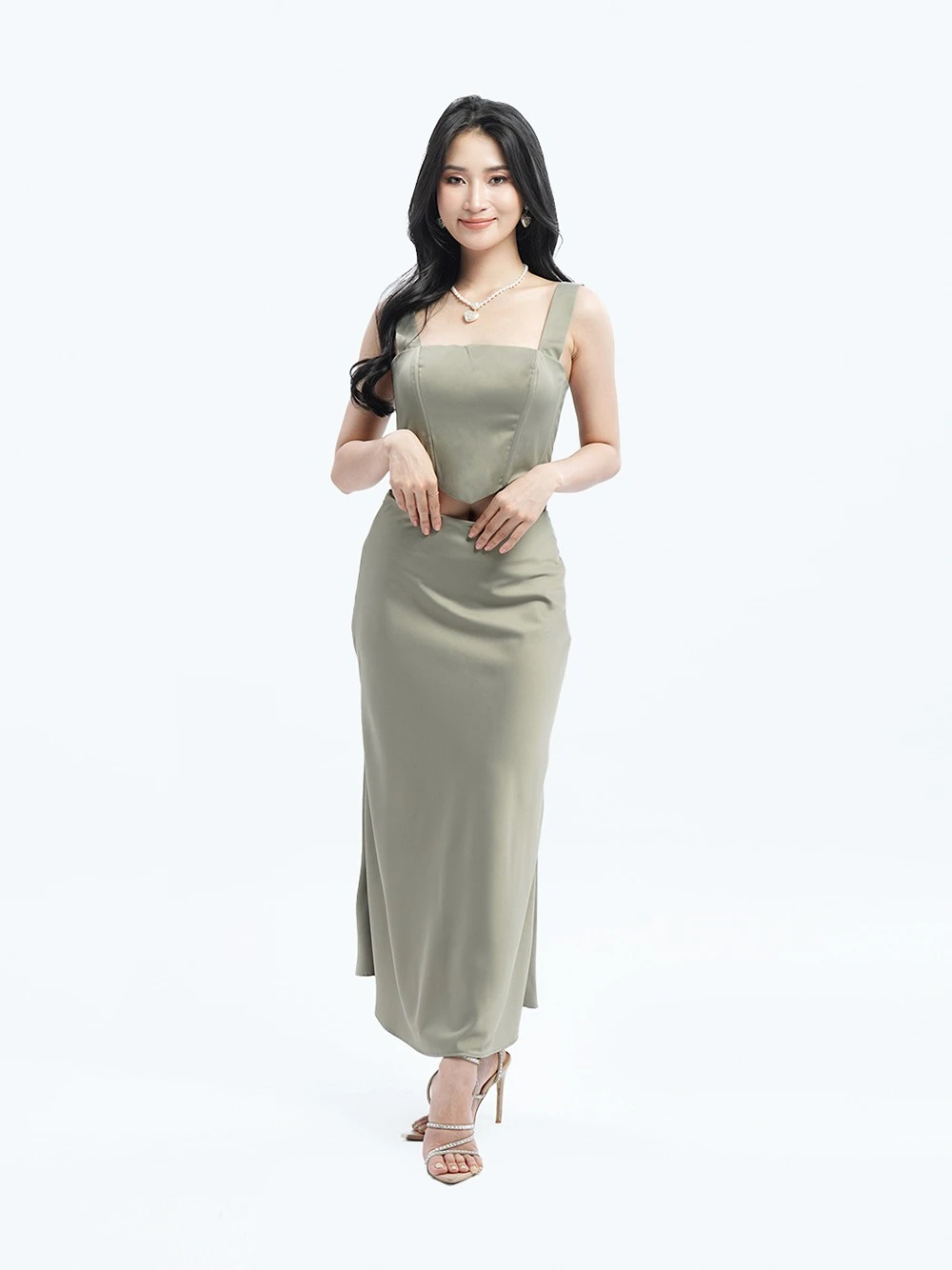 Set áo corset và chân váy lụa dáng dài Kalmia Set – Lụa Là, màu xanh rêu