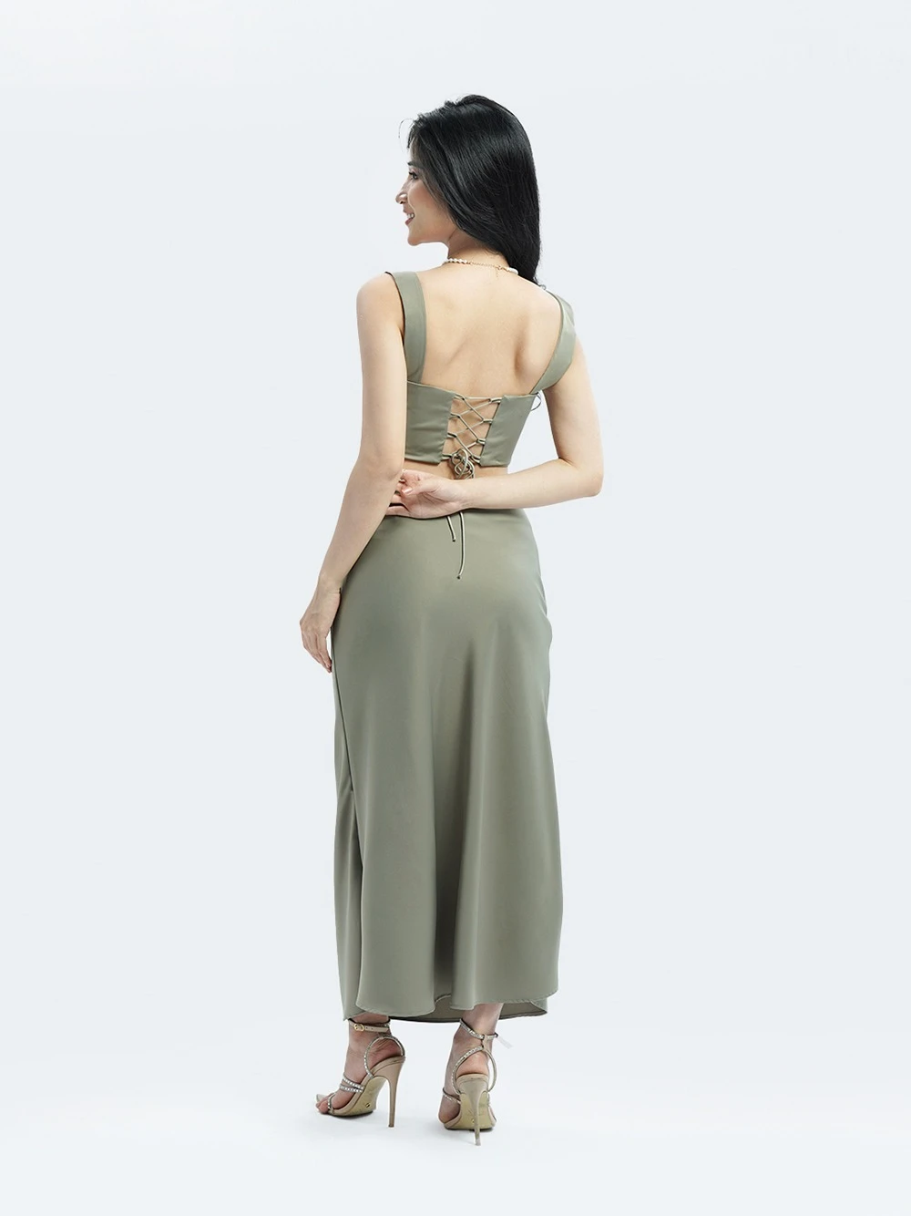 Set áo corset và chân váy lụa dáng dài Kalmia Set – Lụa Là, màu xanh rêu – ảnh 4