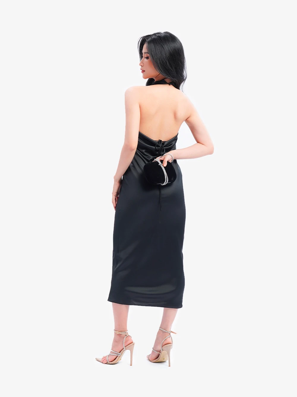 Đầm lụa cổ yếm xoắn eo, hở lưng, dáng midi Leilani Dress – Lụa Là, màu đen – ảnh 4