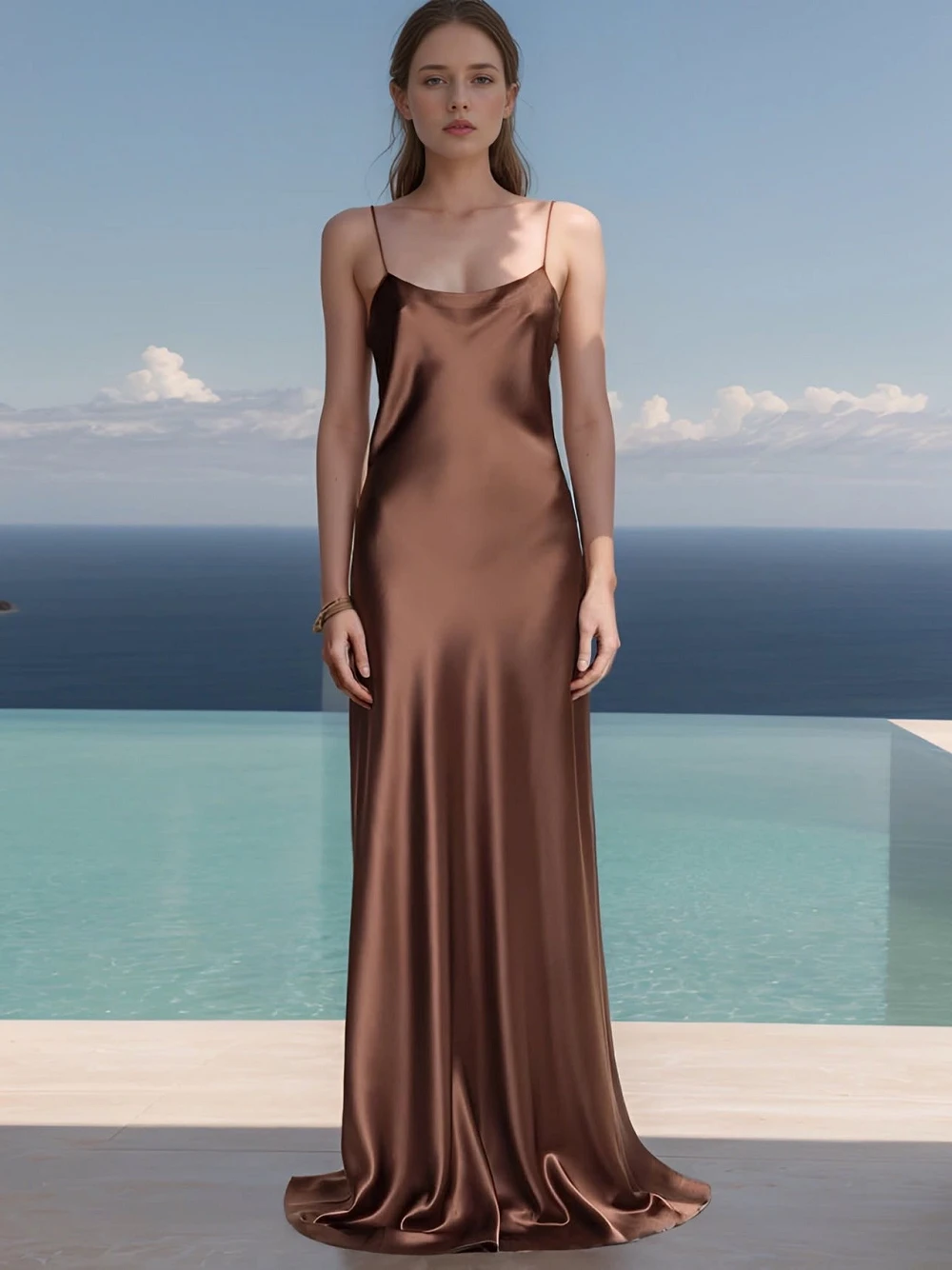 Đầm lụa hai dây cổ đổ, hở lưng, dáng suông dài Luna Dress – Lụa Là, màu nâu