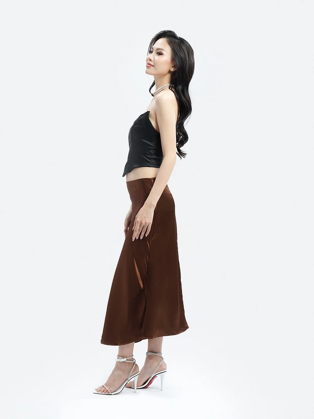 Chân váy lụa midi dáng dài qua gối Menaly Skirt – Lụa Là, màu nâu – ảnh 10