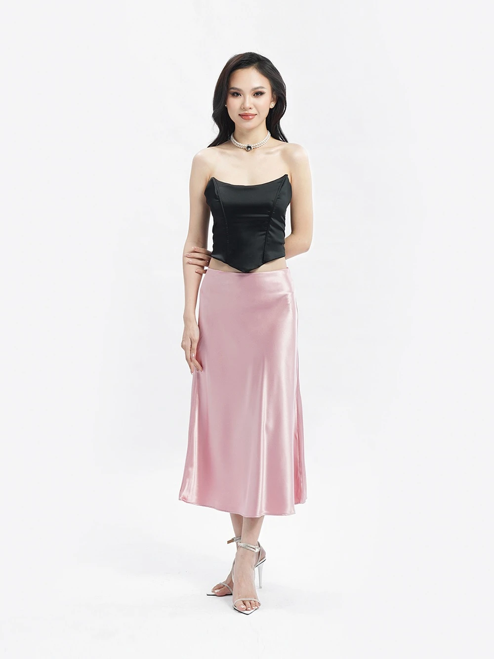 Chân váy lụa midi dáng dài qua gối Menaly Skirt – Lụa Là, màu hồng – ảnh 5