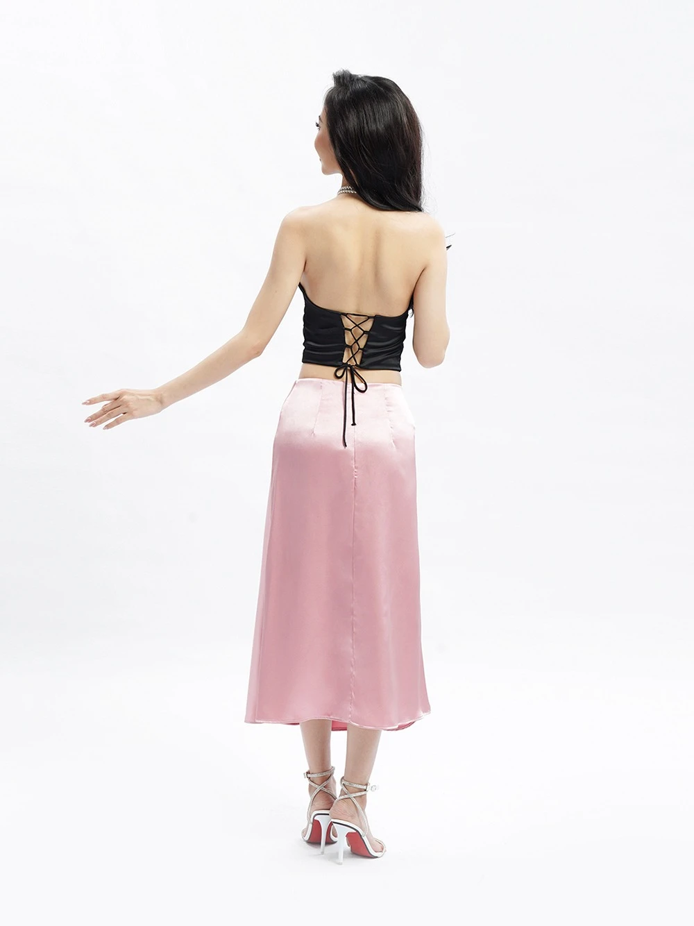 Chân váy lụa midi dáng dài qua gối Menaly Skirt – Lụa Là, màu hồng – ảnh 7