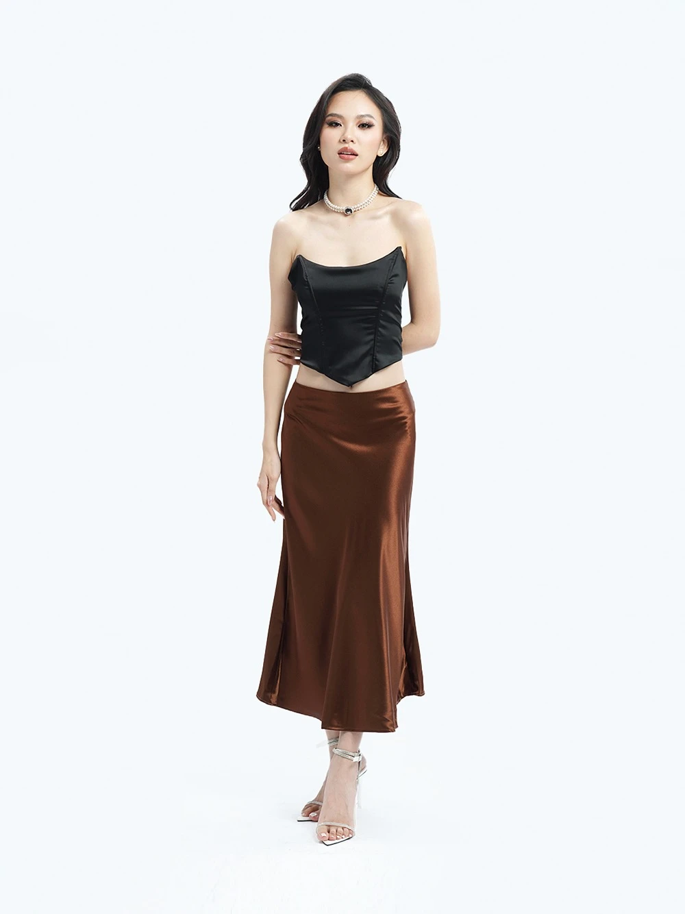Chân váy lụa midi dáng dài qua gối Menaly Skirt – Lụa Là, màu nâu – ảnh 9
