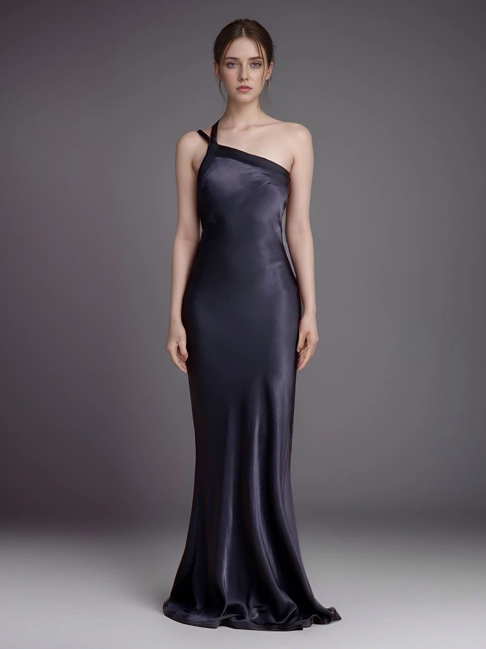 Đầm lụa lệch vai dáng dài, lưng đan dây chéo Sanio Dress – Lụa Là, màu xanh navy – ảnh 13