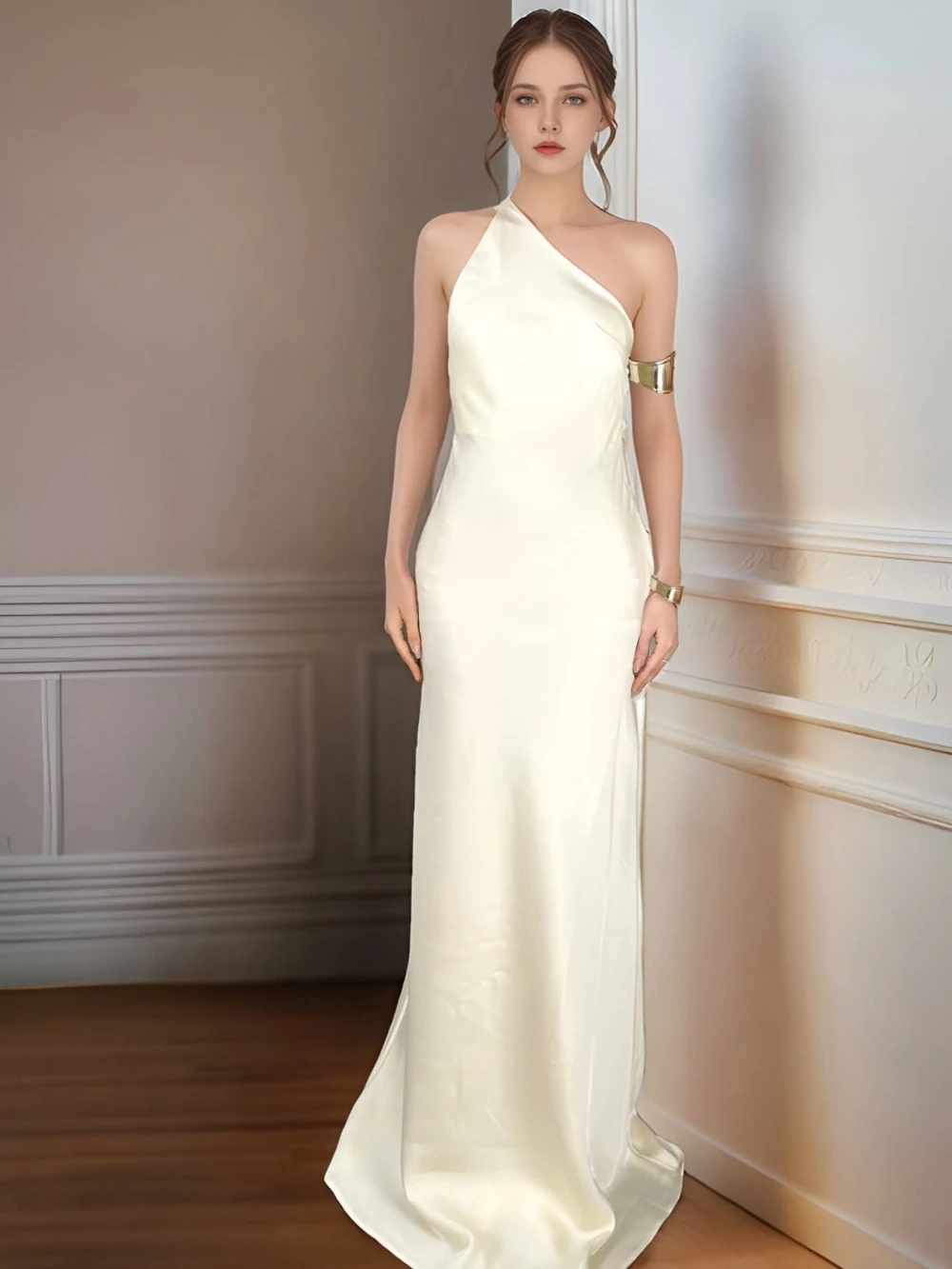 Đầm lụa lệch vai dáng dài, lưng đan dây chéo Sanio Dress – Lụa Là, màu kem – ảnh 6