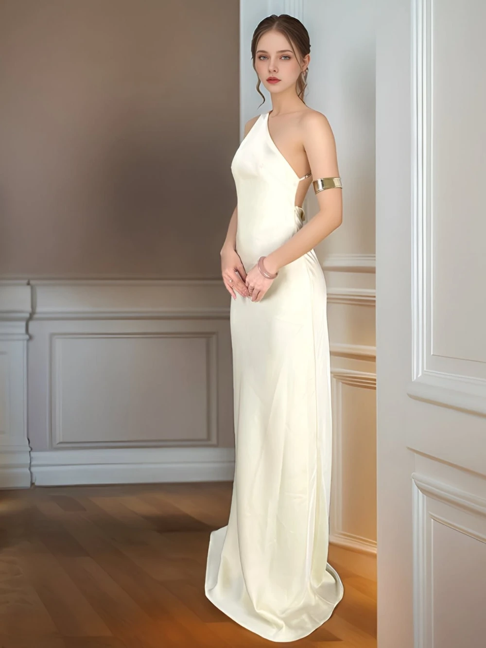 Đầm lụa lệch vai dáng dài, lưng đan dây chéo Sanio Dress – Lụa Là, màu kem – ảnh 7