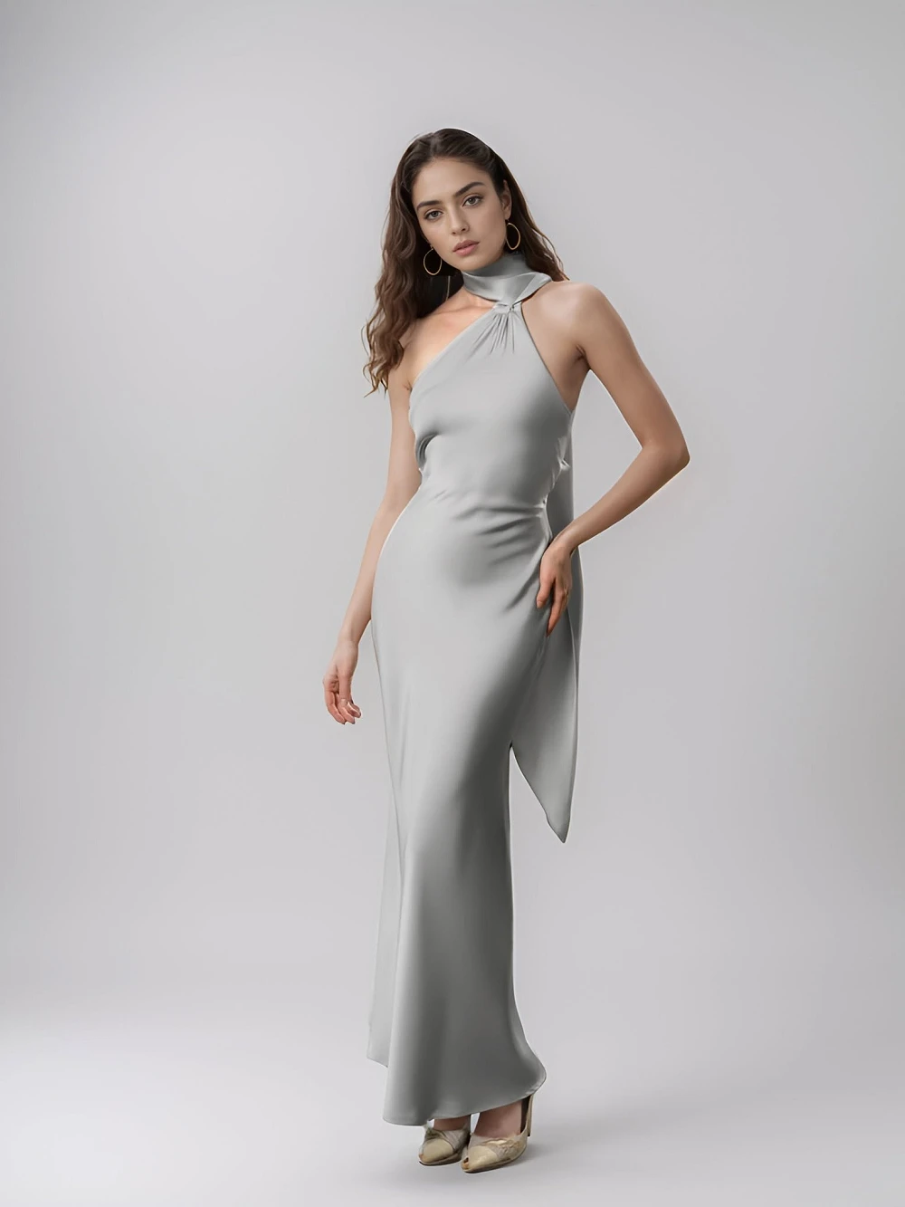 Đầm lụa cổ yếm cao, dải lụa dài buông sau lưng Selena Dress – Lụa Là, màu bạc – ảnh 5