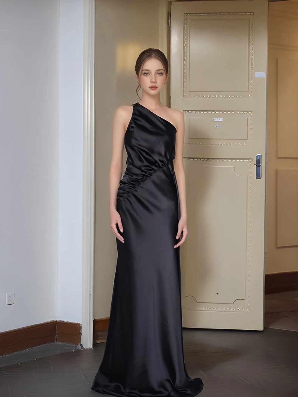Đầm lụa lệch vai xếp nếp, dải lụa thắt sau lưng Thalia Dress – Lụa Là, màu xanh navy – ảnh 9